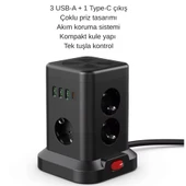 3 USB-A  1 Type C Çıkışlı Kule Tipi Akım Korumalı Çoklu Priz  Tek Tuş Kontrollü Masaüstü Tasarım - 2