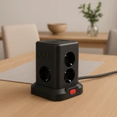 3 USB-A 1 Type C Çıkışlı Kule Tipi Akım Korumalı Çoklu Priz Tek Tuş Kontrollü Masaüstü Tasarım - 3