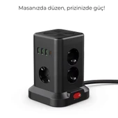 3 USB-A 1 Type C Çıkışlı Kule Tipi Akım Korumalı Çoklu Priz Tek Tuş Kontrollü Masaüstü Tasarım - 1