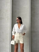 Kemerli deri şort krem h241003 thumbnail 5