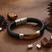 Kaplan Gözü Taşlı Siyah Deri Erkek Çelik Bileklik 31834B6D1 thumbnail 4