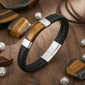 Kaplan Gözü Taşlı Siyah Deri Erkek Çelik Bileklik 31834B6D1 thumbnail 5