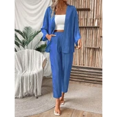 Lucky Life Kadın Uzun Kollu önü Açık Dokuma Ceket Ve Pantolon Ikili Takım thumbnail 4