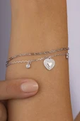 Gümüş Pazarım Kalp Figürlü Çift Zincirli Kadın Gümüş Charm Bileklik - 2