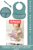 Kaymaz Sağlıklı Önlük Diş Kaşıyıcılı Kaşık Vakumlu Tabak 3 Parça Silikon Bebek Beslenme Seti Yeşil thumbnail 1