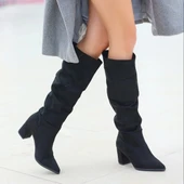 Roksa Siyah Süet Topuklu Çizme - 5