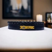 14 Ayar Altın Plakalı İsme Özel Taç Figürlü Hakiki Siyah Derili Hediye Bileklik-574 thumbnail 1
