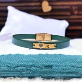 14 Ayar Altın Plakalı Harfe Özel Doğal Yeşil Derili Kalp Motifli Hediye Bileklik-573 thumbnail 1