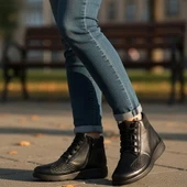 1454 Tam Ortopedik Siyah Hakiki Deri Kadın Bot Lastikli Fermuarlı Anne Kışlık Deri Bot - 6