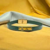 14 Ayar Altın Plakalı İsme Özel Taç Figürlü Doğal Yeşil Derili Hediye Bileklik-572 thumbnail 1