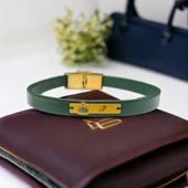 14 Ayar Altın Plakalı Harfe Özel Doğal Yeşil Derili Taç Figürlü Hediye Bileklik-572 thumbnail 1