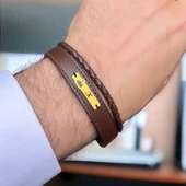 14 Ayar Altın Plakalı Harfe Özel Hakiki Kahverengi Derili Taç Motifli Hediye Bileklik-575 thumbnail 2