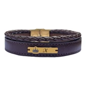 14 Ayar Altın Plakalı Harfe Özel Hakiki Kahverengi Derili Taç Motifli Hediye Bileklik-575 thumbnail 1