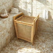 AHŞAP BAMBU KİRLİ ÇAMAŞIR SEPET KUMAŞ ÇANTALI SEPET=40X35X60CM (5250) - 1