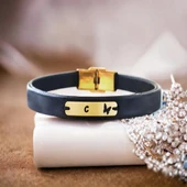 14 Ayar Altın Plakalı Harfe Özel Doğal Siyah Derili Kelebek Motifli Hediye Bileklik-578 thumbnail 1