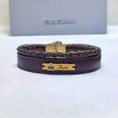 14 Ayar Altın Plakalı İsme Özel Taç Motifli Hakiki Kahverengi Derili Hediye Bileklik-575 thumbnail 1