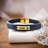 14 Ayar Altın Plakalı İsme Özel Kelebek Motifli Doğal Siyah Derili Hediye Bileklik-578 thumbnail 1