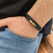 14 Ayar Altın Plakalı Harfe Özel Hakiki Siyah Derili Taç Motifli Hediye Bileklik-580 thumbnail 2