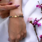 14 Ayar Altın Plakalı Harfe Özel Yeşil İpek Örgülü Yuvarlak Figürlü Hediye Bileklik-579 thumbnail 2