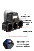 akım korumalı priz gece lambalı 3'LÜ Priz 2XUSB 2XType-C Çıkışlı Grup Priz Çoğaltıcı - 2