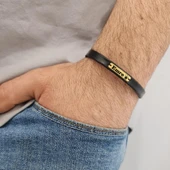 14 Ayar Altın Plakalı İsme Özel Taç Figürlü Doğal Siyah Derili Hediye Bileklik-581 thumbnail 2
