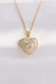 316L Çelik Zincir Altın Renk Zirkon Taşlı Kalp Kolye thumbnail 1