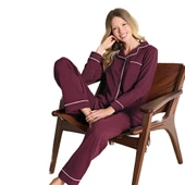 Over Sleep 3102 Kadın Kışlık Ön Düğmeli Uzun Kollu V-Yaka Vişne Pijama Takımı - 1