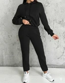 Kadın Uzun Kollu Kapşonlu Bağcıklı üç Iplik Bluz Ve Pantolon Ikili Takım thumbnail 2