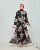 Yaprak Desenli Zarif Ve Şık Uzun Boy Büyük Beden Astarlı Şifon Elbise thumbnail 1