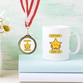 Kişiye Özel Yıldız Tasarımlı Kitap Kurdu Beyaz Kupa Bardak ve Madalya - MK06 - 1