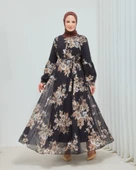 Yaprak Desenli Zarif Ve Şık Uzun Boy Büyük Beden Astarlı Şifon Elbise thumbnail 2