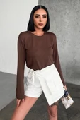 Rahat Ve Şık Uzun Kollu Bisiklet Yaka Likralı Viskon Penye Body Kahverengi thumbnail 1