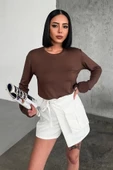 Rahat Ve Şık Uzun Kollu Bisiklet Yaka Likralı Viskon Penye Body Kahverengi thumbnail 2