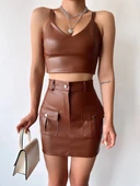 BİÇOMİ Önden iki cepli deri etek kahve h240040 thumbnail 2