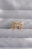 Pirinç Ayarlamalı Gold Renk Zirkon Taşlı 2li Görünüm Fiyonk Yüzük - TJ-BYK3287 - 1