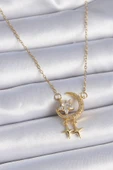 316L Çelik Zincir Gold Renk Zirkon Taşlı Hilal Model Yıldız Detay Kadın Kolye - TJ-BKO9362 - 1