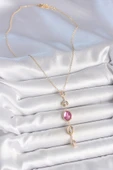 Pirinç Zincir Gold Renk Pembe Zirkon Taşlı Y Kolye - TJ-BKO10228 - 2