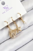 Pirinç Zirkon Taşlı 3'lü İstiridye Ve Yıldız Model Gold Renk Kadın Küpe - TJ-BKP11136 - 1