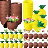 Tropikal Parti Bardak Seti - Ananas Ve Hindistan Cevizi Şekilli Pipetli Bardaklar (20 Adet) - 1