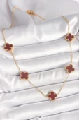 316L Çelik Gold Renk Zincir Bordo Yonca Model Kadın Kolye - TJ-BKO9926 thumbnail 2