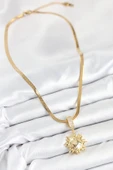 316L Çelik Zirkon Taşlı Güneş Model Gold Renk Kadın Kolye - TJ-BKO10535 thumbnail 2