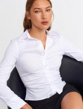 Kadın Beyaz Büzgülü Fit Gömlek - 1