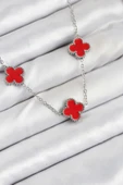 316L Çelik Zincir Gümüş Kırmızı Renk Yonca Kadın Kolye - TJ-BKO10586 thumbnail 1