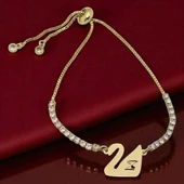 14 Ayar Altın Plakalı Harfe Özel Altın Renkli Zincirli Beyaz Taş Desenli Kuğu Kuşu Motifli Hediye Bileklik-601 thumbnail 1