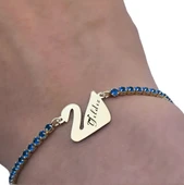 14 Ayar Altın Plakalı İsme Özel Kuğu Kuşu Figürlü Altın Renkli Zincirli Mavi Taş Desenli Hediye Bileklik-600 thumbnail 3