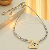 14 Ayar Altın Plakalı Sembole Özel Kuğu Kuşu Motifli Altın Renkli Zincirli Beyaz Taş Desenli Hediye Bileklik-601 thumbnail 1