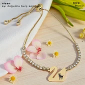 14 Ayar Altın Plakalı Burca Özel Altın Renkli Zincirli Beyaz Taş Desenli Kuğu Kuşu Motifli Hediye Bileklik-601 thumbnail 1