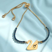 14 Ayar Altın Plakalı Harfe Özel Altın Renkli Zincirli Mavi Taş Desenli Kuğu Kuşu Figürlü Hediye Bileklik-600 thumbnail 1