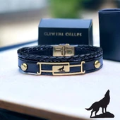 14 Ayar Altın Plakalı Sembole Özel Çerçeveli Dikdörtgen Figürlü Hakiki Siyah Derili Hediye Bileklik-591 thumbnail 1