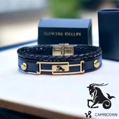 14 Ayar Altın Plakalı Burca Özel Hakiki Siyah Derili Çerçeveli Dikdörtgen Figürlü Hediye Bileklik-591 thumbnail 1